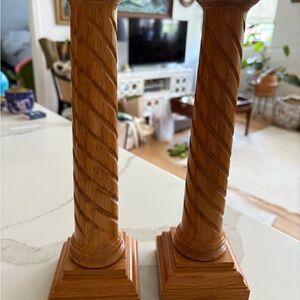 Rare! Pair of David Linley wood fluted Spiral Wooden Candle Holders